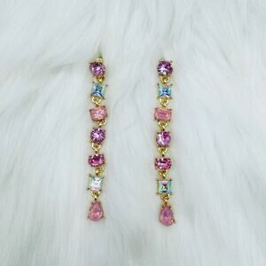 Geometric Pink Crystal Tassel Earrings